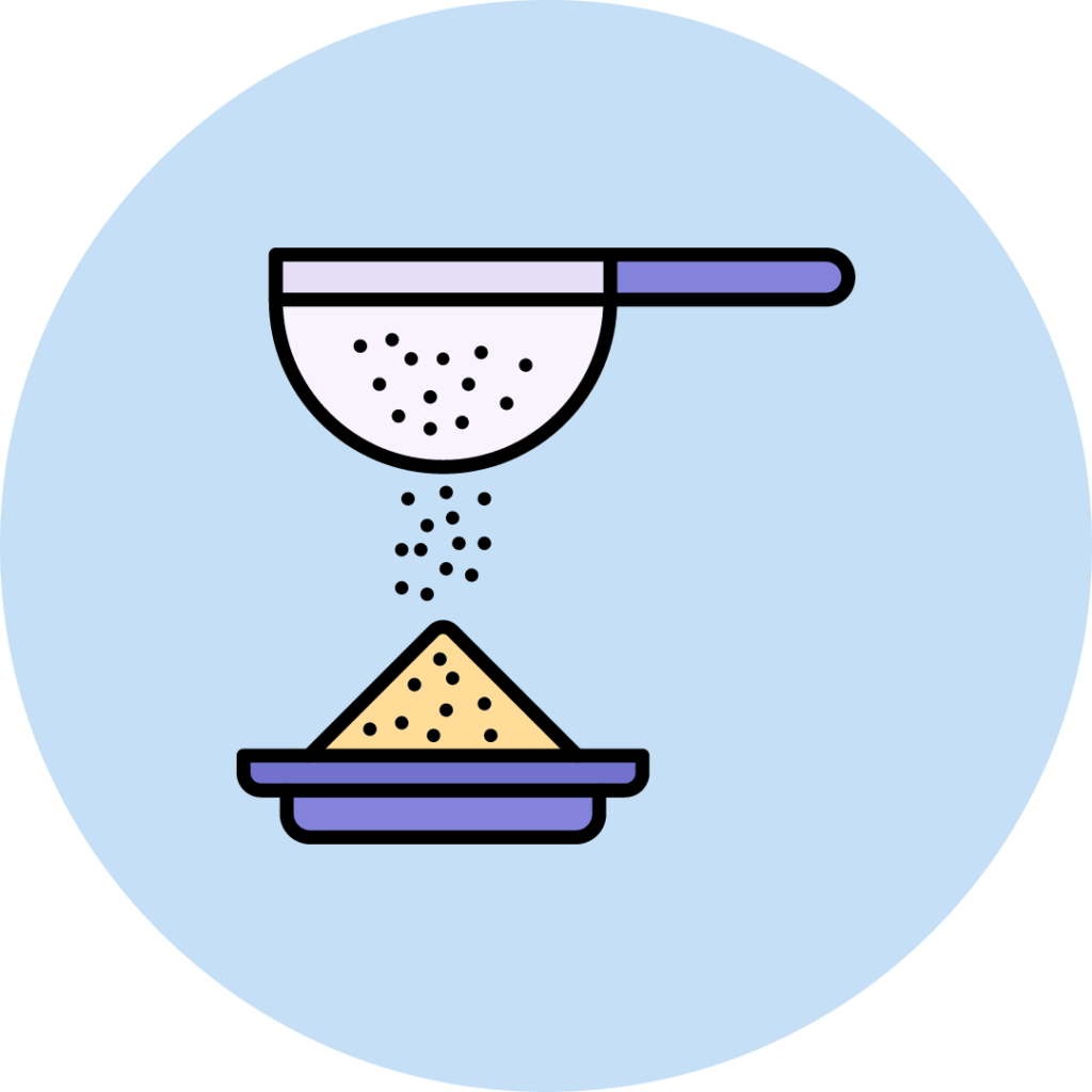 A picture of a sieve filtering flour over a plate